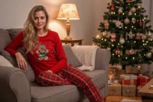 Kobieta w świątecznym swetrze i piżamach, siedząc na kanapie przy choinkach z prezentami, tworzy świąteczną atmosferę.