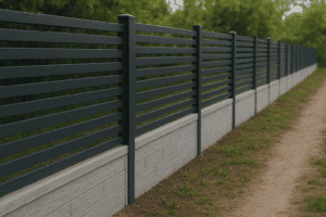 Nowy ogrodzenie z ciemnogranitowego metalu i betonowej podstawy, trwałe i estetyczne rozwiązanie.